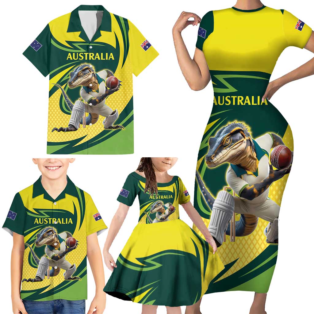 Australian Water Dragon Cricket Custom Family Matching Short Sleeve Bodycon Dress and Hawaiian Shirt Aussie National Color