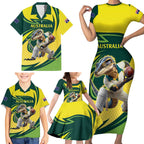 Australian Water Dragon Cricket Custom Family Matching Short Sleeve Bodycon Dress and Hawaiian Shirt Aussie National Color