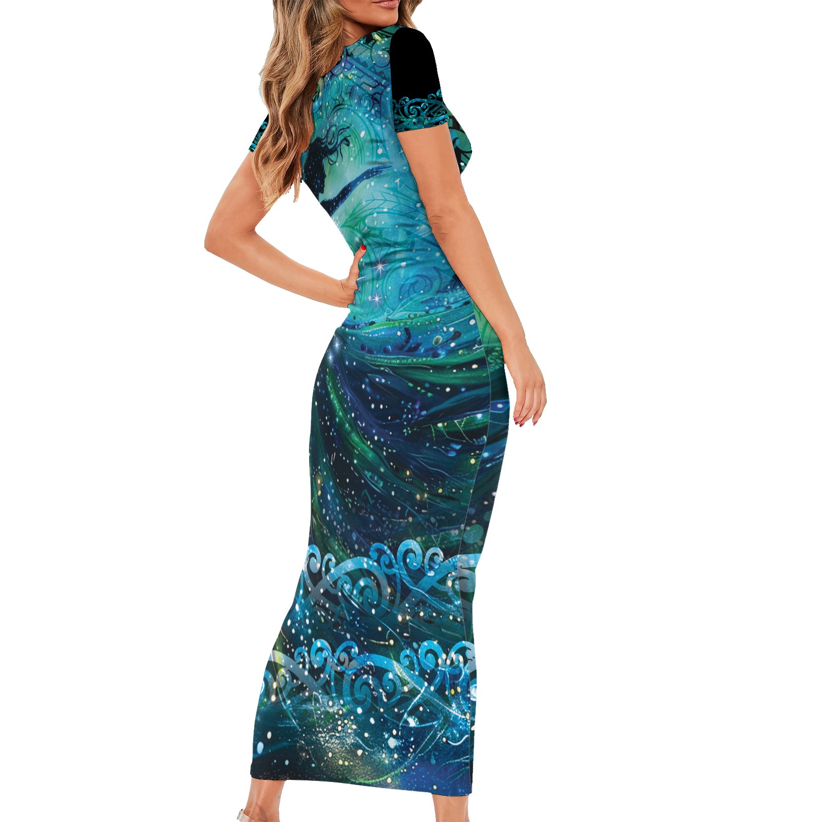 New Zealand Matariki Hiwa-i-te-rangi Short Sleeve Bodycon Dress Titiro ki nga Whetu Wishing Star
