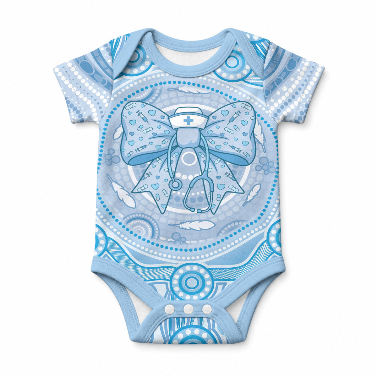 Aussie Nurse Personalised Baby Onesie Blue Stethoscope Coquette Bow Aboriginal Dot Art