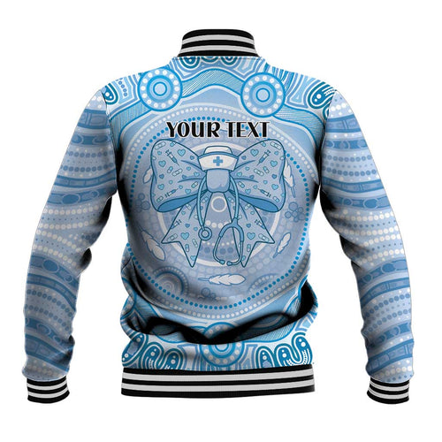 Aussie Nurse Personalised Baseball Jacket Blue Stethoscope Coquette Bow Aboriginal Dot Art