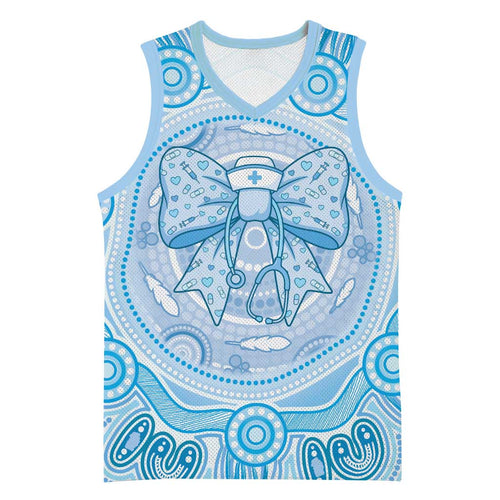 Aussie Nurse Personalised Basketball Jersey Blue Stethoscope Coquette Bow Aboriginal Dot Art
