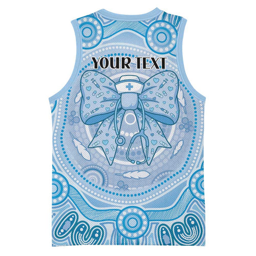 Aussie Nurse Personalised Basketball Jersey Blue Stethoscope Coquette Bow Aboriginal Dot Art