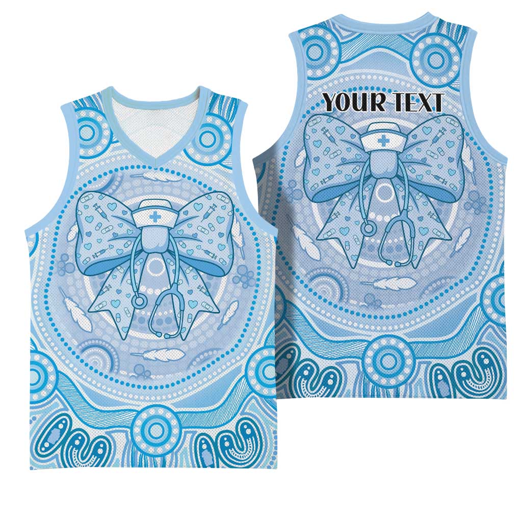 Aussie Nurse Personalised Basketball Jersey Blue Stethoscope Coquette Bow Aboriginal Dot Art