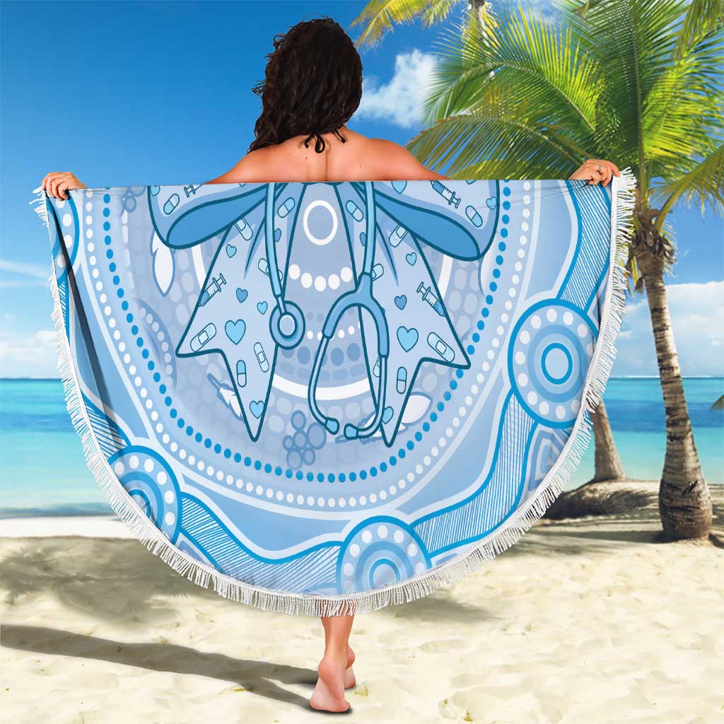 Aussie Nurse Beach Blanket Blue Stethoscope Coquette Bow Aboriginal Dot Art