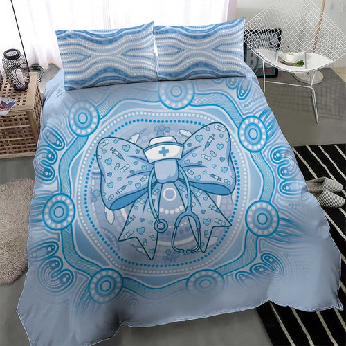 Aussie Nurse Bedding Set Blue Stethoscope Coquette Bow Aboriginal Dot Art