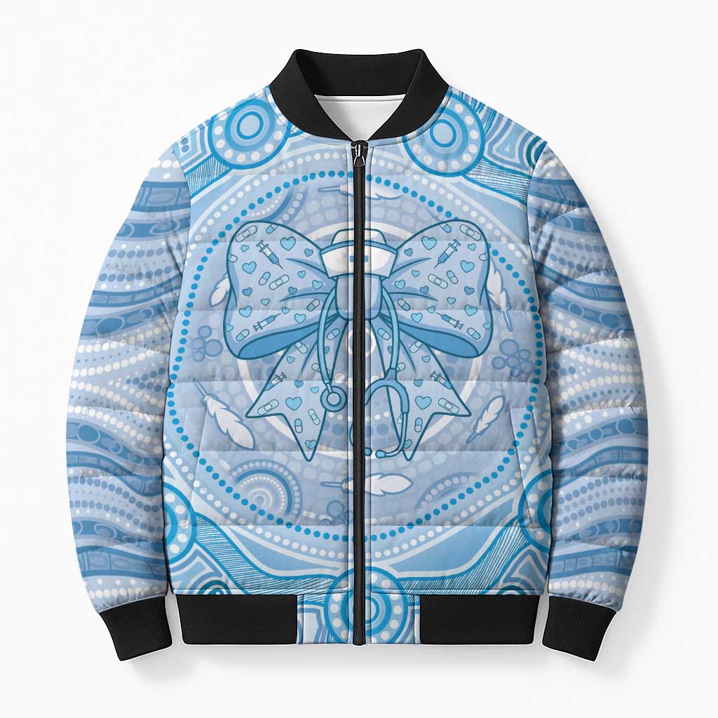 Aussie Nurse Personalised Bomber Puffer Jacket Blue Stethoscope Coquette Bow Aboriginal Dot Art