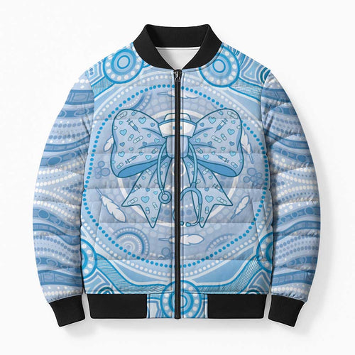 Aussie Nurse Personalised Bomber Puffer Jacket Blue Stethoscope Coquette Bow Aboriginal Dot Art