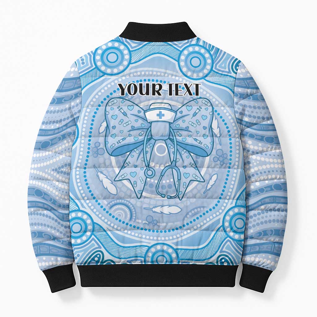 Aussie Nurse Personalised Bomber Puffer Jacket Blue Stethoscope Coquette Bow Aboriginal Dot Art
