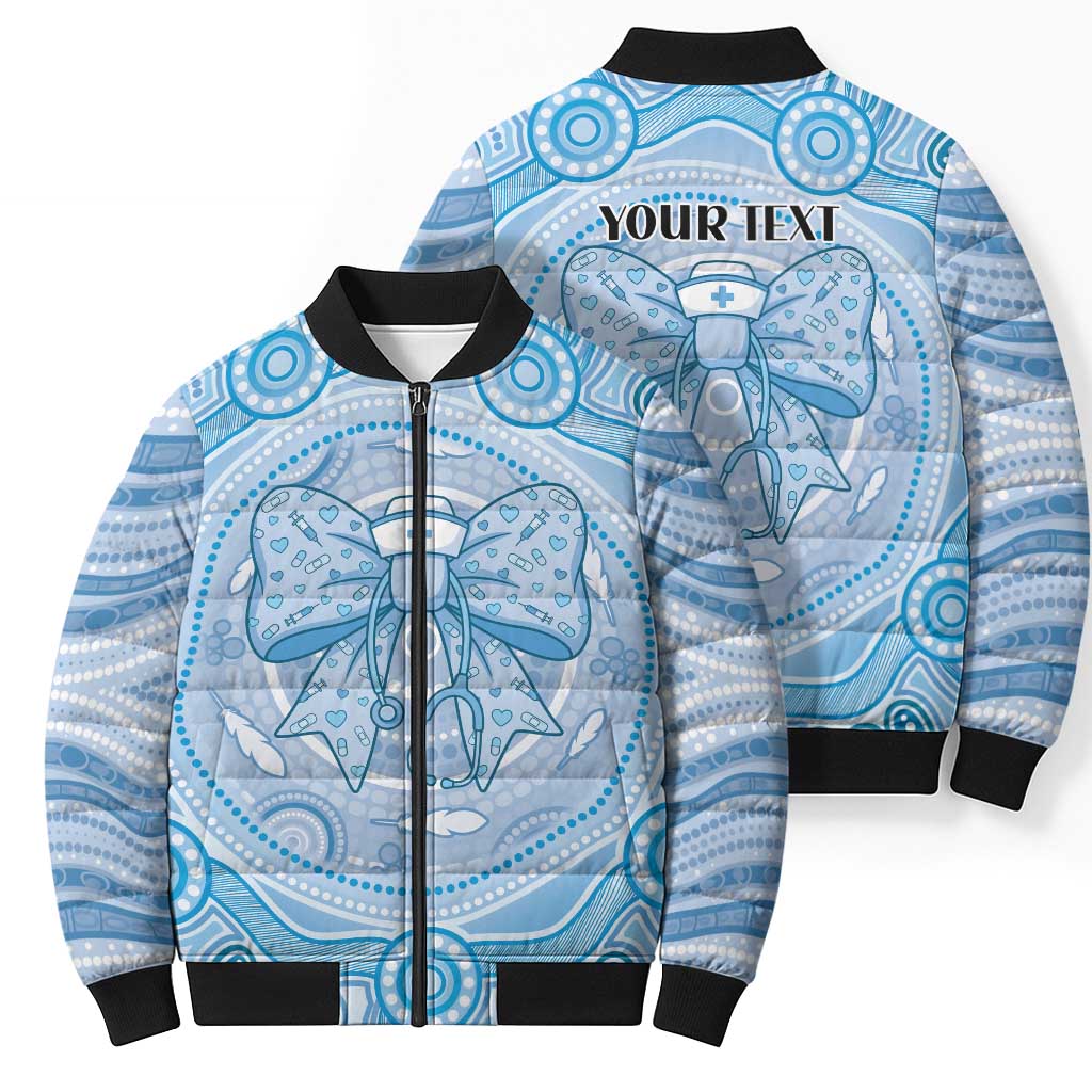 Aussie Nurse Personalised Bomber Puffer Jacket Blue Stethoscope Coquette Bow Aboriginal Dot Art