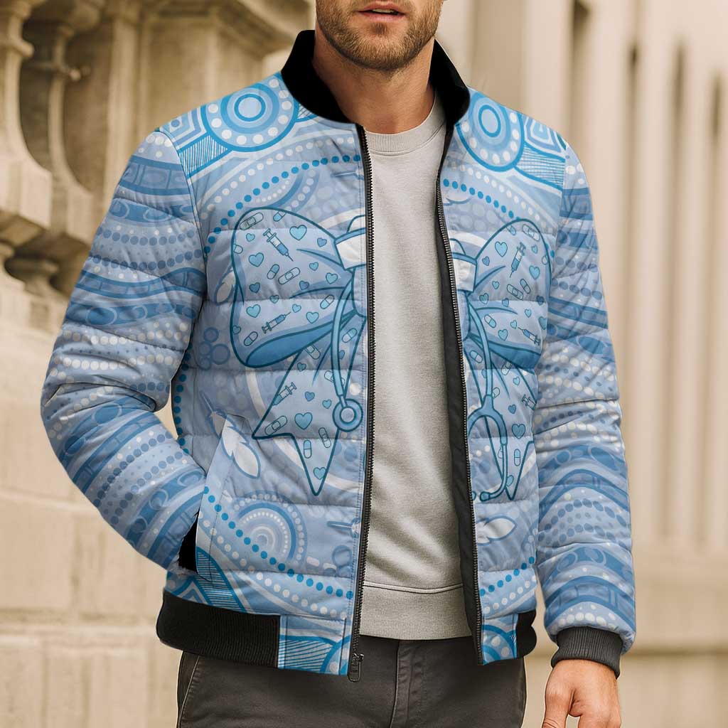 Aussie Nurse Personalised Bomber Puffer Jacket Blue Stethoscope Coquette Bow Aboriginal Dot Art
