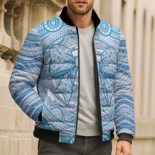 Aussie Nurse Personalised Bomber Puffer Jacket Blue Stethoscope Coquette Bow Aboriginal Dot Art