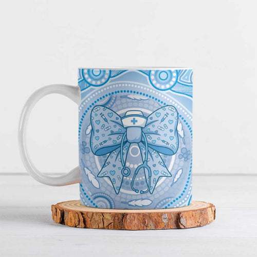 Aussie Nurse Personalised Ceramic Mug Blue Stethoscope Coquette Bow Aboriginal Dot Art