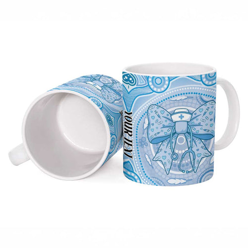 Aussie Nurse Personalised Ceramic Mug Blue Stethoscope Coquette Bow Aboriginal Dot Art