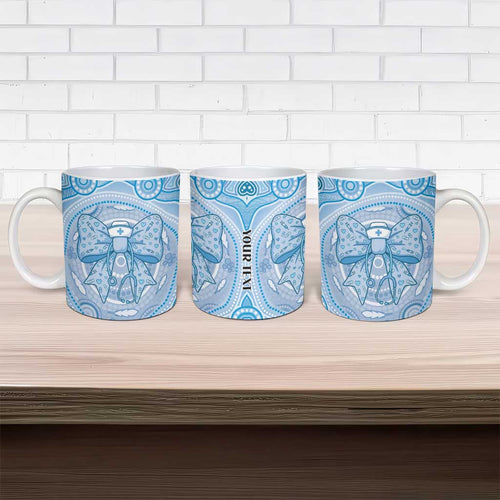 Aussie Nurse Personalised Ceramic Mug Blue Stethoscope Coquette Bow Aboriginal Dot Art