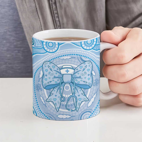 Aussie Nurse Personalised Ceramic Mug Blue Stethoscope Coquette Bow Aboriginal Dot Art