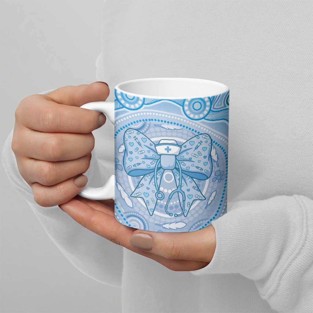 Aussie Nurse Personalised Ceramic Mug Blue Stethoscope Coquette Bow Aboriginal Dot Art