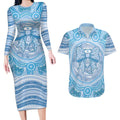 Aussie Nurse Personalised Couples Matching Long Sleeve Bodycon Dress and Hawaiian Shirt Blue Stethoscope Coquette Bow Aboriginal Dot Art
