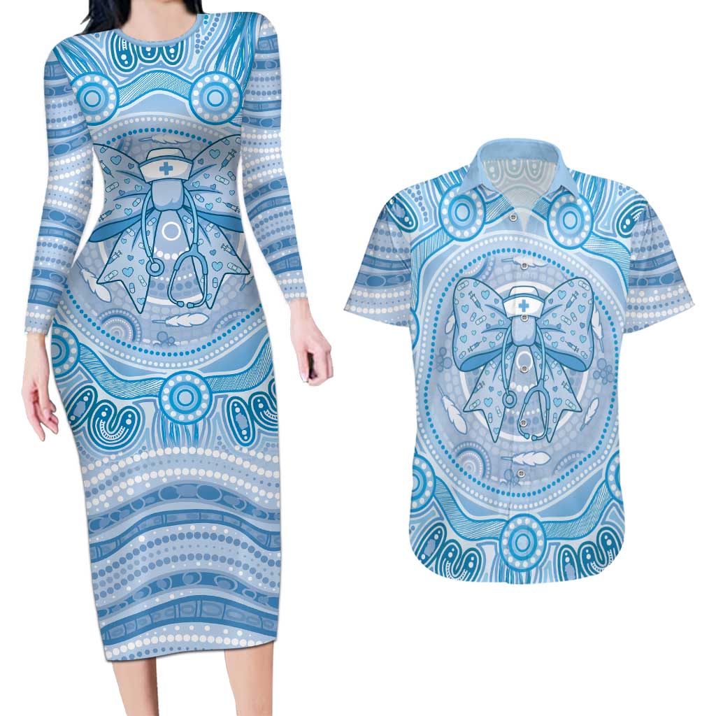 Aussie Nurse Personalised Couples Matching Long Sleeve Bodycon Dress and Hawaiian Shirt Blue Stethoscope Coquette Bow Aboriginal Dot Art