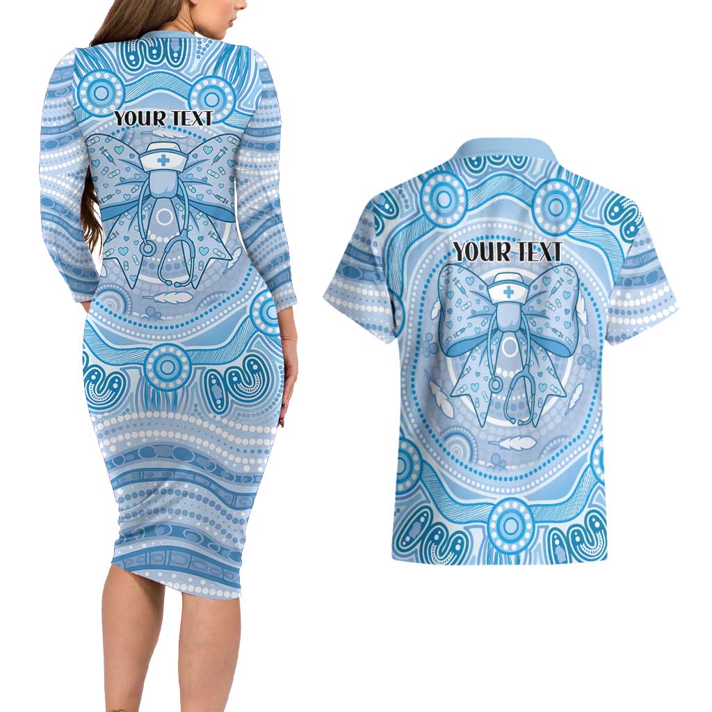 Aussie Nurse Personalised Couples Matching Long Sleeve Bodycon Dress and Hawaiian Shirt Blue Stethoscope Coquette Bow Aboriginal Dot Art