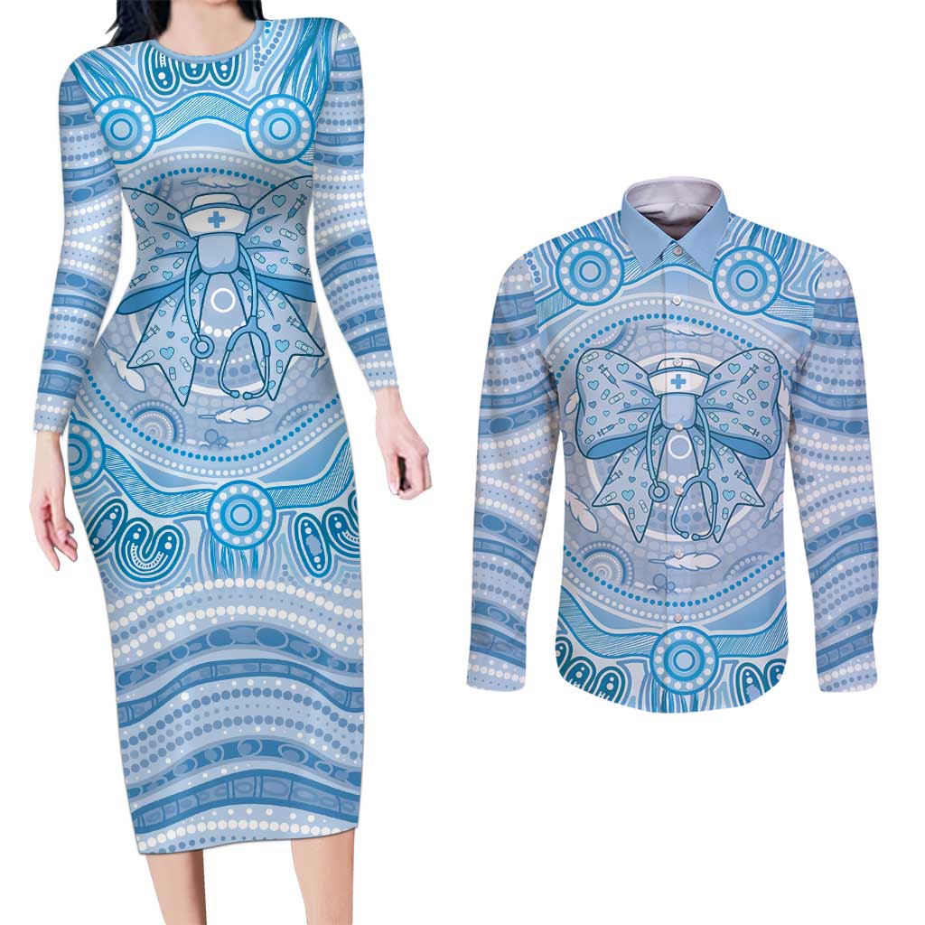 Aussie Nurse Personalised Couples Matching Long Sleeve Bodycon Dress and Long Sleeve Button Shirt Blue Stethoscope Coquette Bow Aboriginal Dot Art