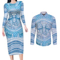 Aussie Nurse Personalised Couples Matching Long Sleeve Bodycon Dress and Long Sleeve Button Shirt Blue Stethoscope Coquette Bow Aboriginal Dot Art
