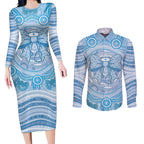 Aussie Nurse Personalised Couples Matching Long Sleeve Bodycon Dress and Long Sleeve Button Shirt Blue Stethoscope Coquette Bow Aboriginal Dot Art