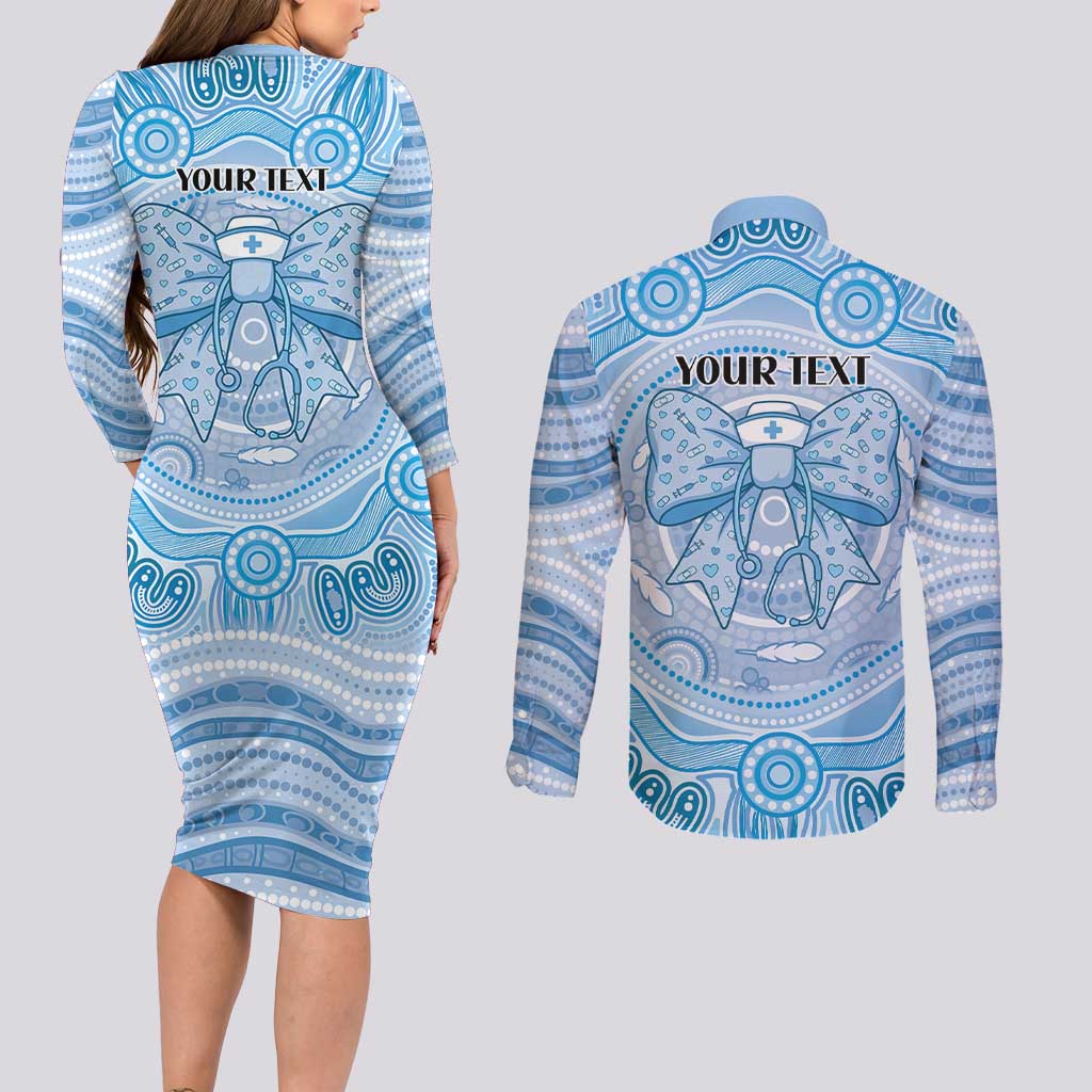 Aussie Nurse Personalised Couples Matching Long Sleeve Bodycon Dress and Long Sleeve Button Shirt Blue Stethoscope Coquette Bow Aboriginal Dot Art