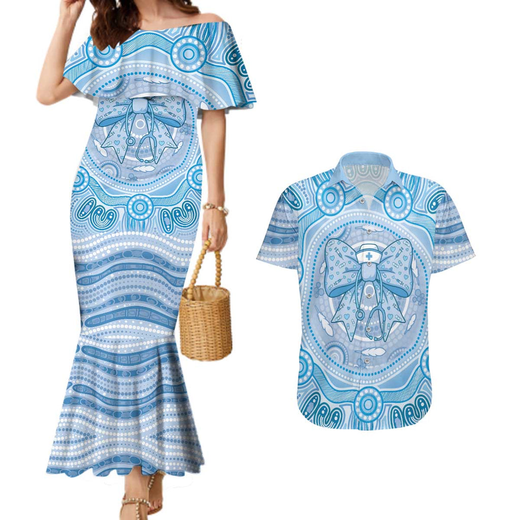 Aussie Nurse Personalised Couples Matching Mermaid Dress and Hawaiian Shirt Blue Stethoscope Coquette Bow Aboriginal Dot Art
