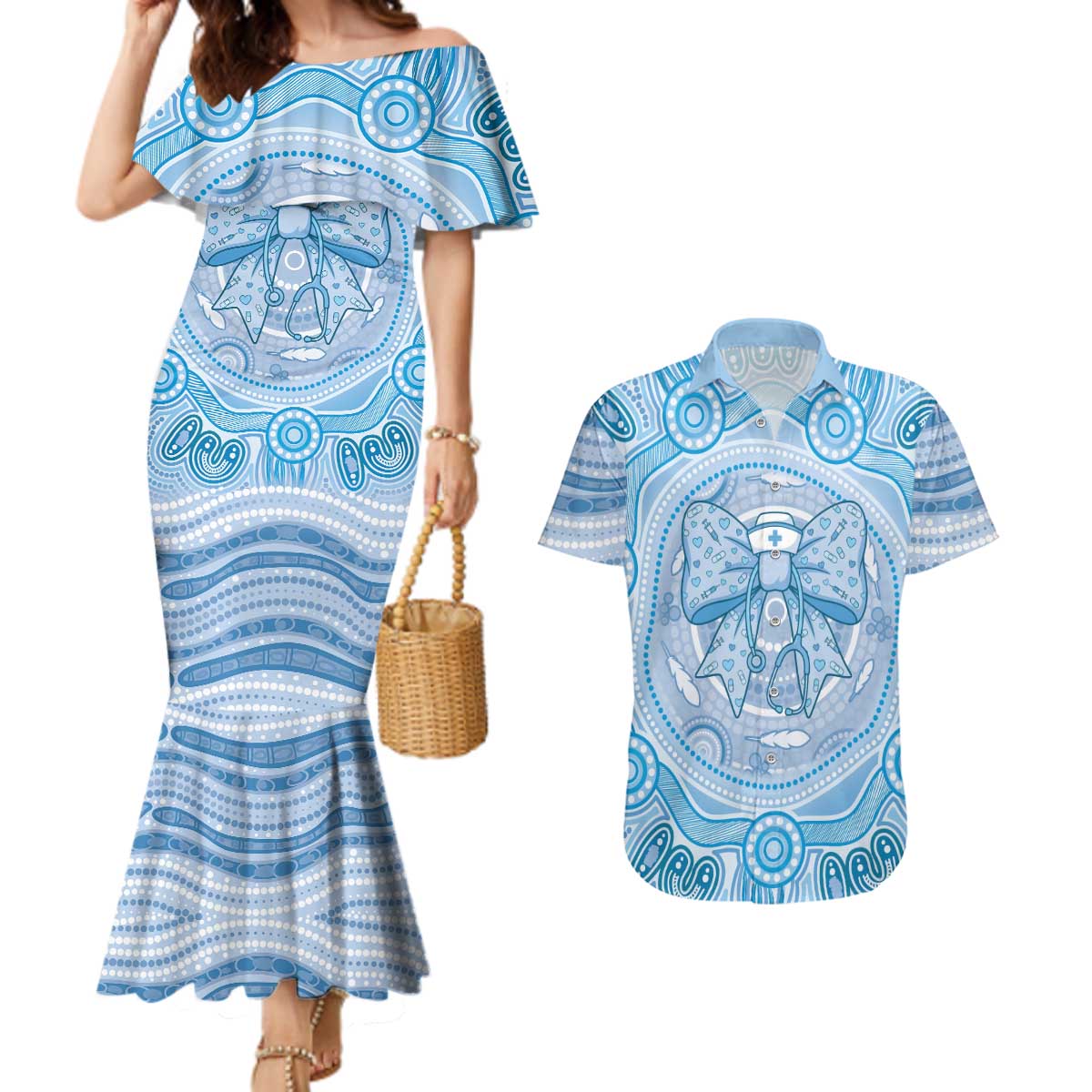 Aussie Nurse Personalised Couples Matching Mermaid Dress and Hawaiian Shirt Blue Stethoscope Coquette Bow Aboriginal Dot Art