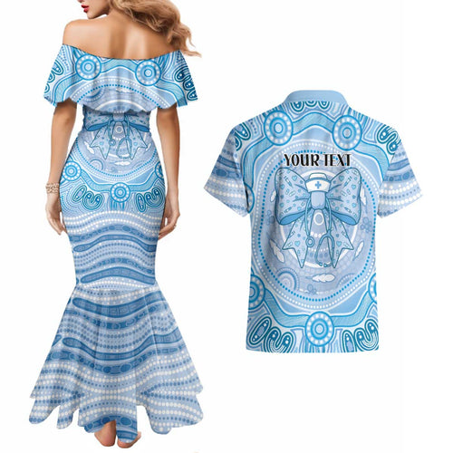 Aussie Nurse Personalised Couples Matching Mermaid Dress and Hawaiian Shirt Blue Stethoscope Coquette Bow Aboriginal Dot Art