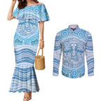 Aussie Nurse Personalised Couples Matching Mermaid Dress and Long Sleeve Button Shirt Blue Stethoscope Coquette Bow Aboriginal Dot Art