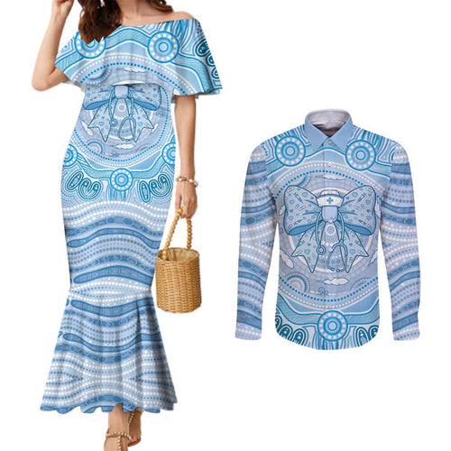 Aussie Nurse Personalised Couples Matching Mermaid Dress and Long Sleeve Button Shirt Blue Stethoscope Coquette Bow Aboriginal Dot Art