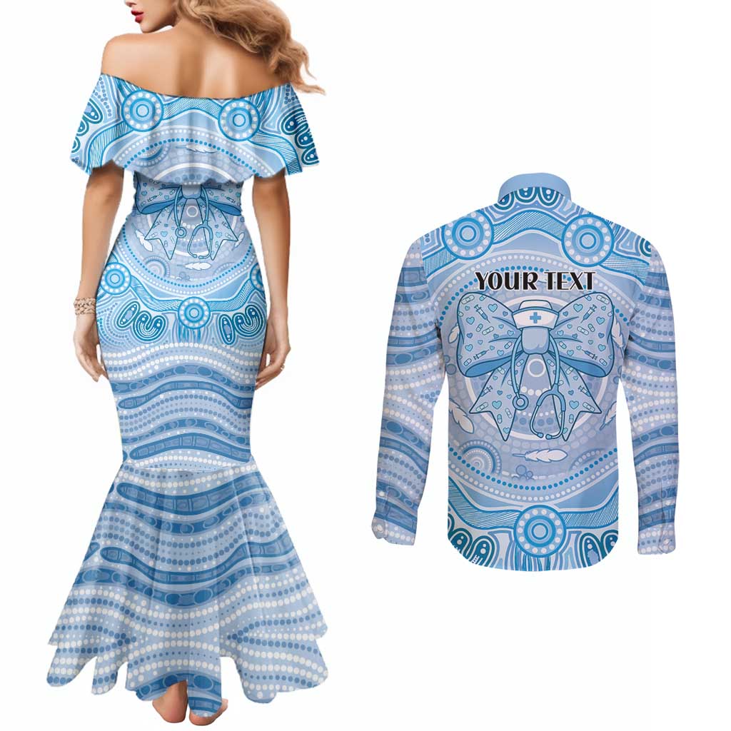 Aussie Nurse Personalised Couples Matching Mermaid Dress and Long Sleeve Button Shirt Blue Stethoscope Coquette Bow Aboriginal Dot Art