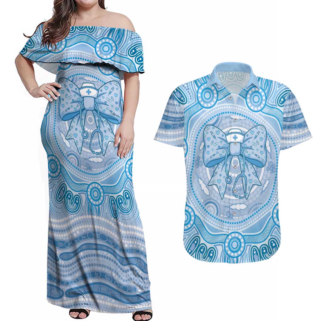 Aussie Nurse Personalised Couples Matching Off Shoulder Maxi Dress and Hawaiian Shirt Blue Stethoscope Coquette Bow Aboriginal Dot Art