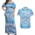Aussie Nurse Personalised Couples Matching Off Shoulder Maxi Dress and Hawaiian Shirt Blue Stethoscope Coquette Bow Aboriginal Dot Art