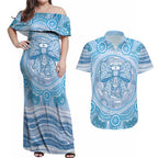 Aussie Nurse Personalised Couples Matching Off Shoulder Maxi Dress and Hawaiian Shirt Blue Stethoscope Coquette Bow Aboriginal Dot Art