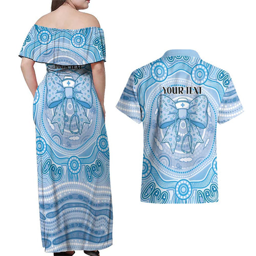 Aussie Nurse Personalised Couples Matching Off Shoulder Maxi Dress and Hawaiian Shirt Blue Stethoscope Coquette Bow Aboriginal Dot Art