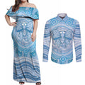 Aussie Nurse Personalised Couples Matching Off Shoulder Maxi Dress and Long Sleeve Button Shirt Blue Stethoscope Coquette Bow Aboriginal Dot Art