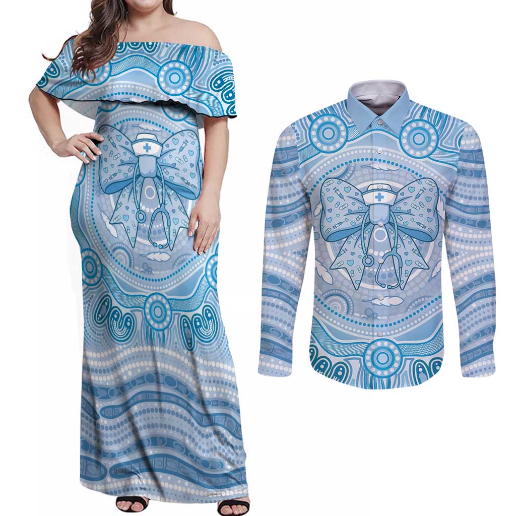 Aussie Nurse Personalised Couples Matching Off Shoulder Maxi Dress and Long Sleeve Button Shirt Blue Stethoscope Coquette Bow Aboriginal Dot Art