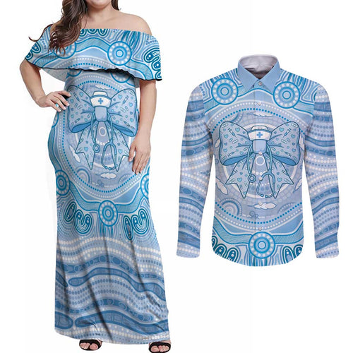 Aussie Nurse Personalised Couples Matching Off Shoulder Maxi Dress and Long Sleeve Button Shirt Blue Stethoscope Coquette Bow Aboriginal Dot Art
