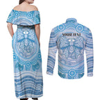 Aussie Nurse Personalised Couples Matching Off Shoulder Maxi Dress and Long Sleeve Button Shirt Blue Stethoscope Coquette Bow Aboriginal Dot Art