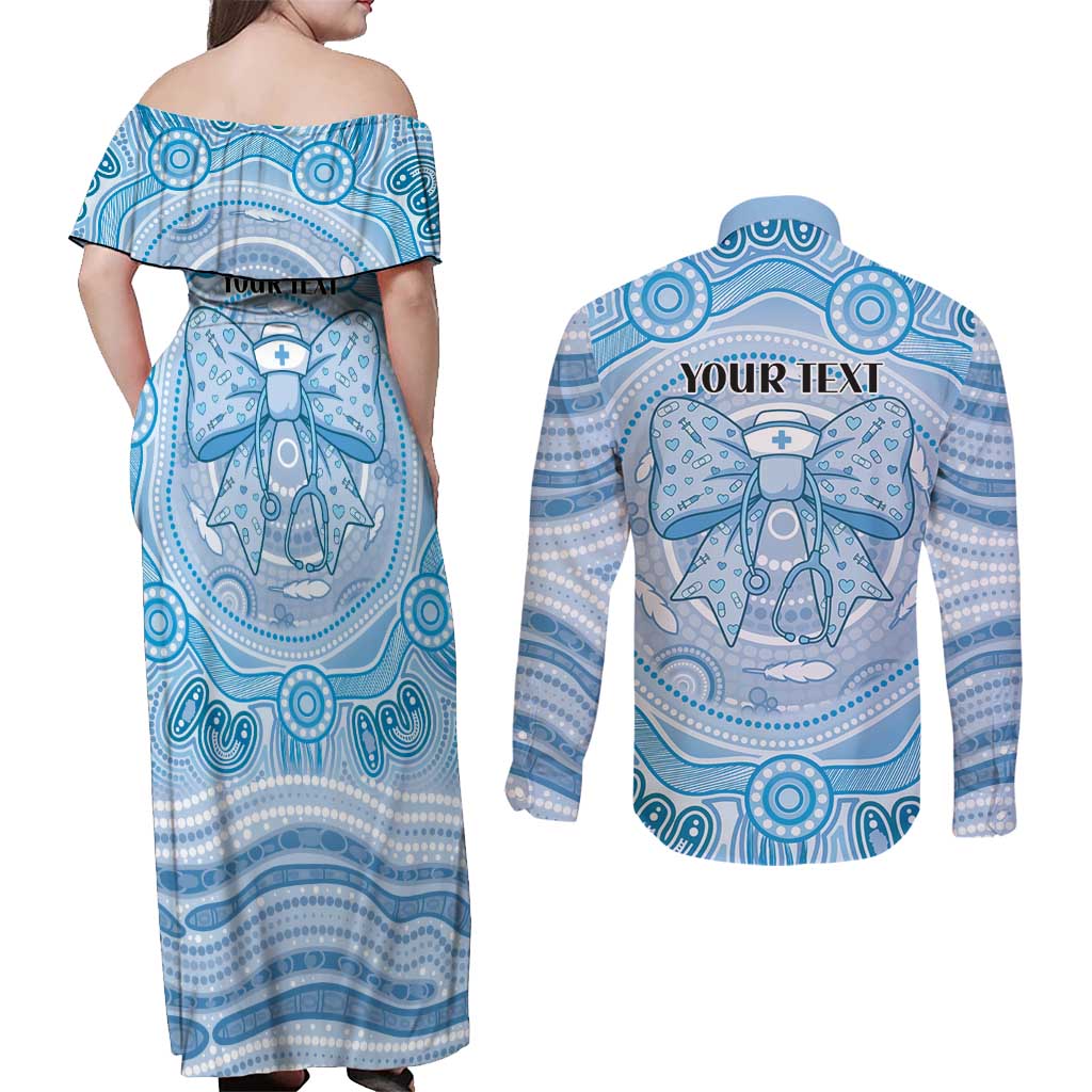 Aussie Nurse Personalised Couples Matching Off Shoulder Maxi Dress and Long Sleeve Button Shirt Blue Stethoscope Coquette Bow Aboriginal Dot Art