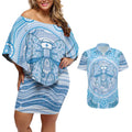 Aussie Nurse Personalised Couples Matching Off Shoulder Short Dress and Hawaiian Shirt Blue Stethoscope Coquette Bow Aboriginal Dot Art