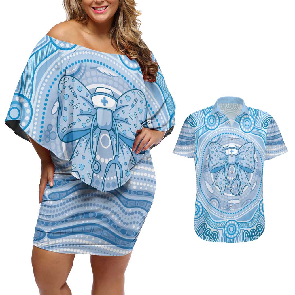 Aussie Nurse Personalised Couples Matching Off Shoulder Short Dress and Hawaiian Shirt Blue Stethoscope Coquette Bow Aboriginal Dot Art