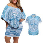 Aussie Nurse Personalised Couples Matching Off Shoulder Short Dress and Hawaiian Shirt Blue Stethoscope Coquette Bow Aboriginal Dot Art