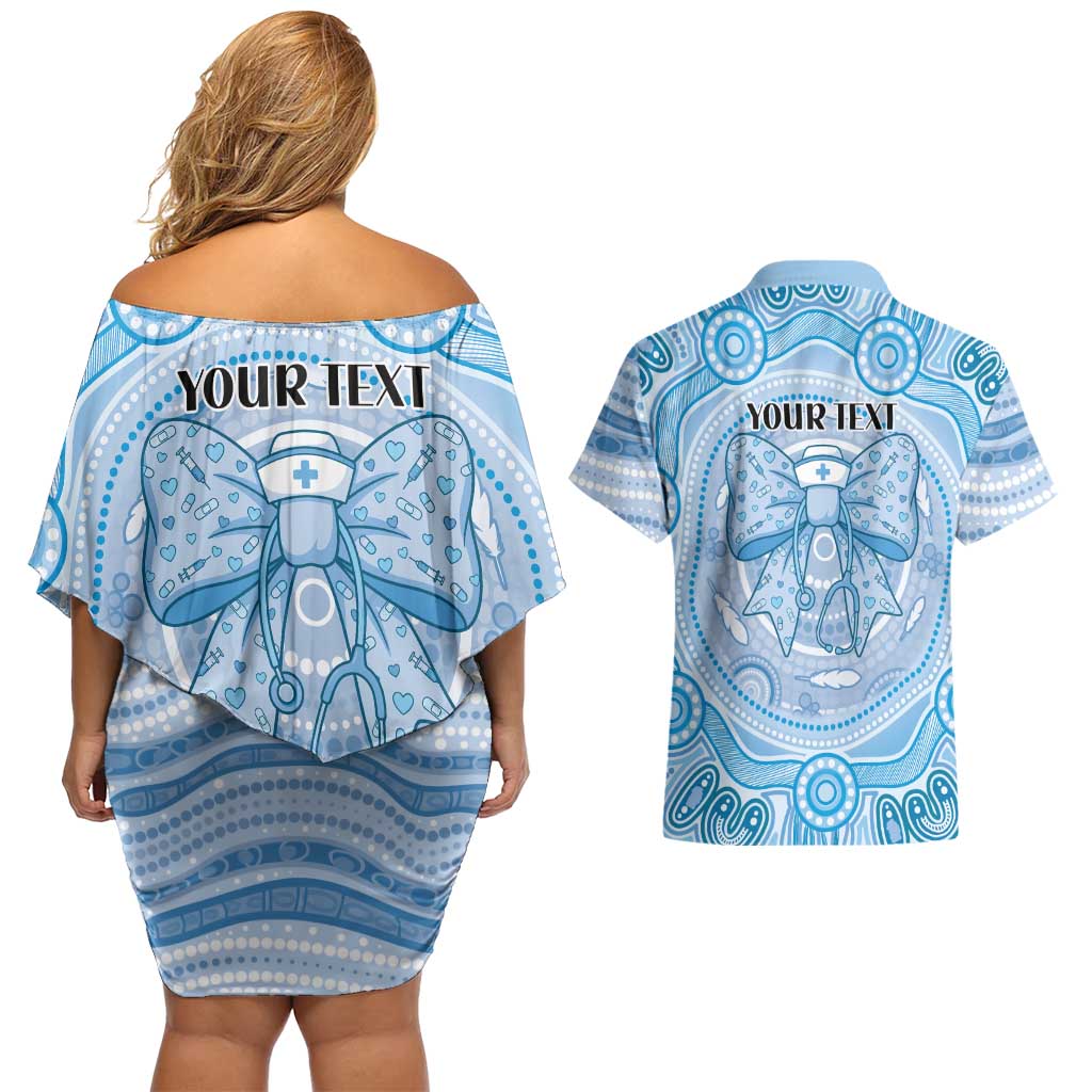 Aussie Nurse Personalised Couples Matching Off Shoulder Short Dress and Hawaiian Shirt Blue Stethoscope Coquette Bow Aboriginal Dot Art