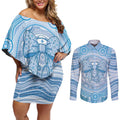 Aussie Nurse Personalised Couples Matching Off Shoulder Short Dress and Long Sleeve Button Shirt Blue Stethoscope Coquette Bow Aboriginal Dot Art