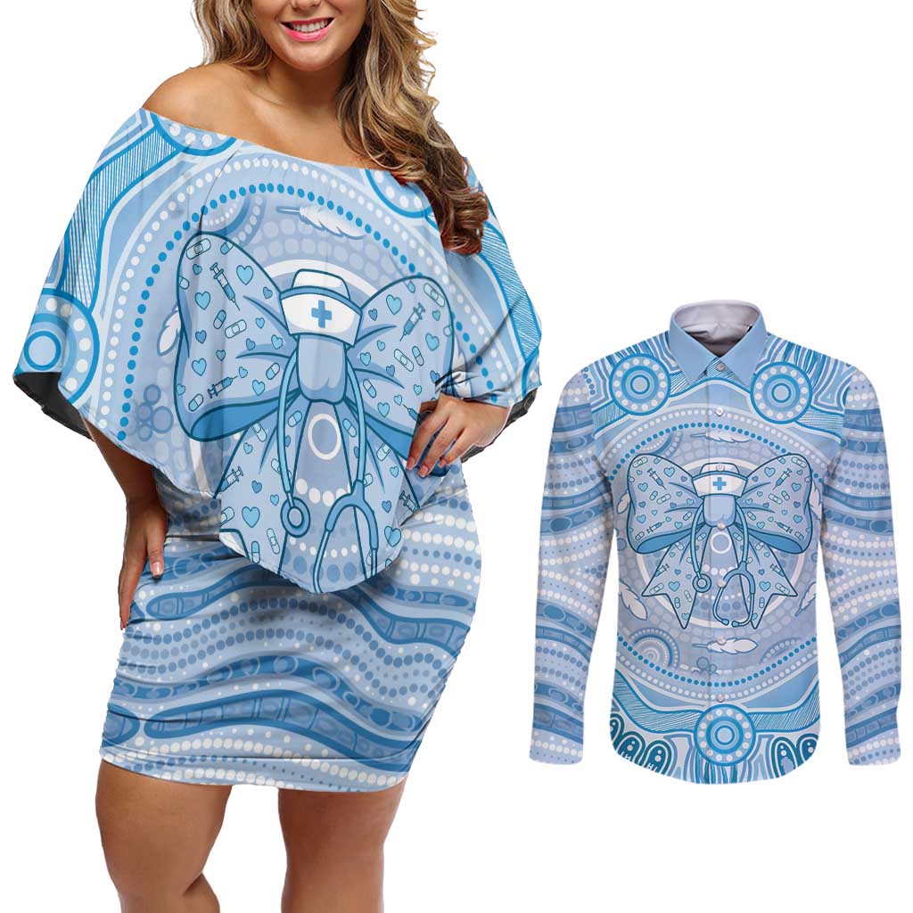 Aussie Nurse Personalised Couples Matching Off Shoulder Short Dress and Long Sleeve Button Shirt Blue Stethoscope Coquette Bow Aboriginal Dot Art