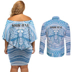 Aussie Nurse Personalised Couples Matching Off Shoulder Short Dress and Long Sleeve Button Shirt Blue Stethoscope Coquette Bow Aboriginal Dot Art